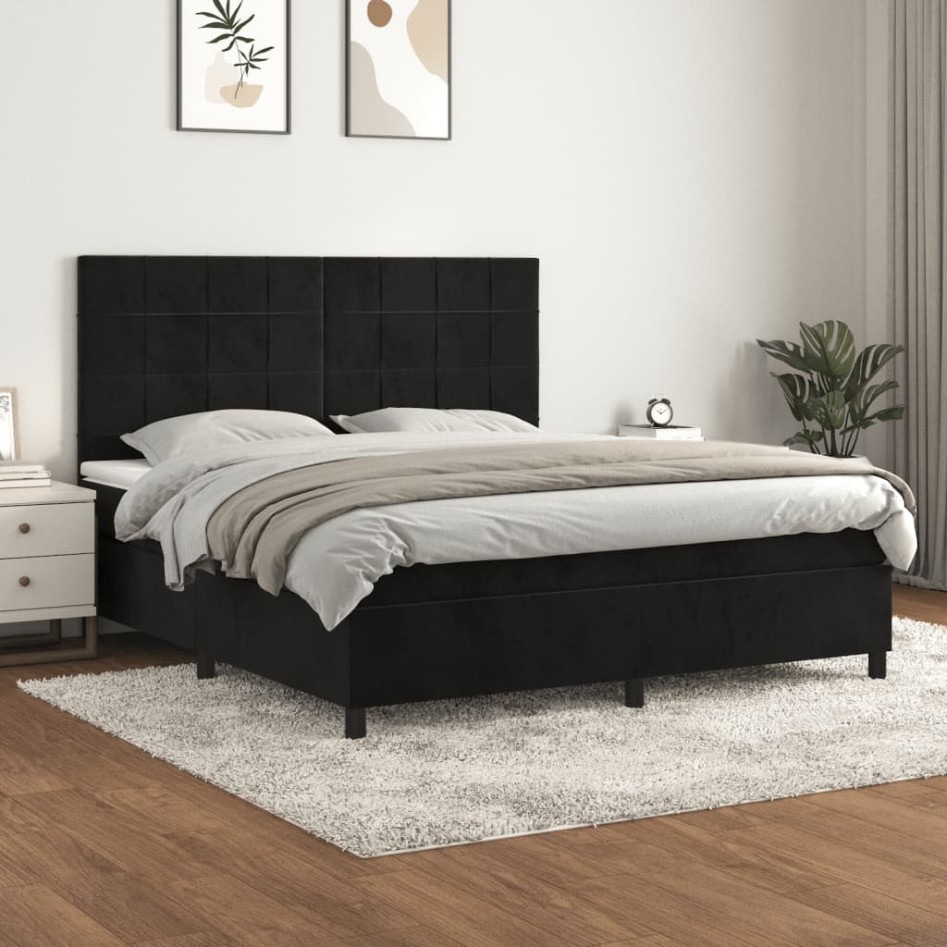 Cama box spring con colchón terciopelo negro 160x200