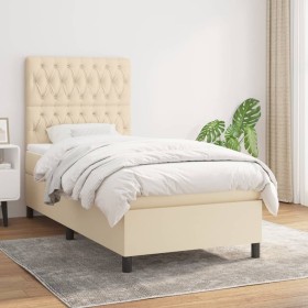 Cama box spring con colchón tela color crema 90x200