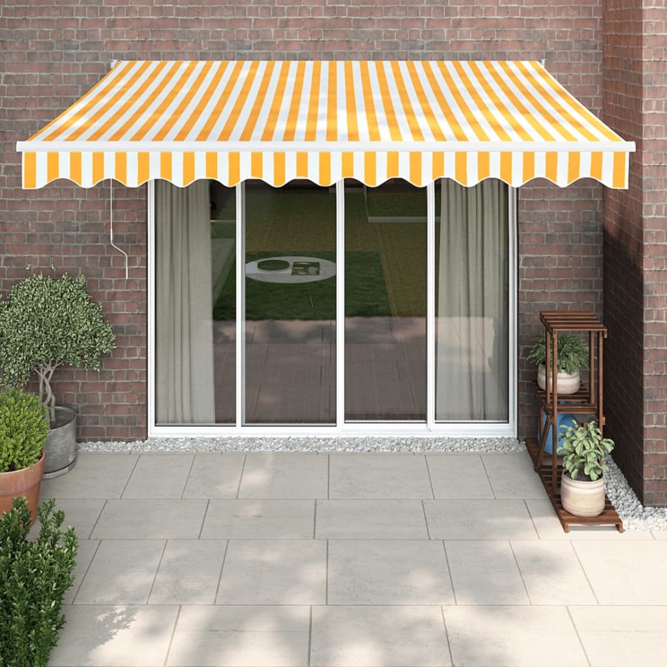 Toldo retráctil automático amarillo y blanco 3,5x2,5