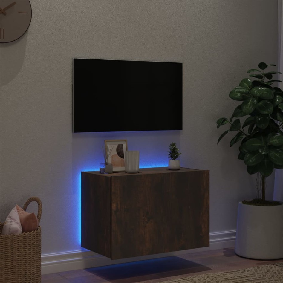 Mueble de TV de pared con luces LED roble ahumado 60x35x41