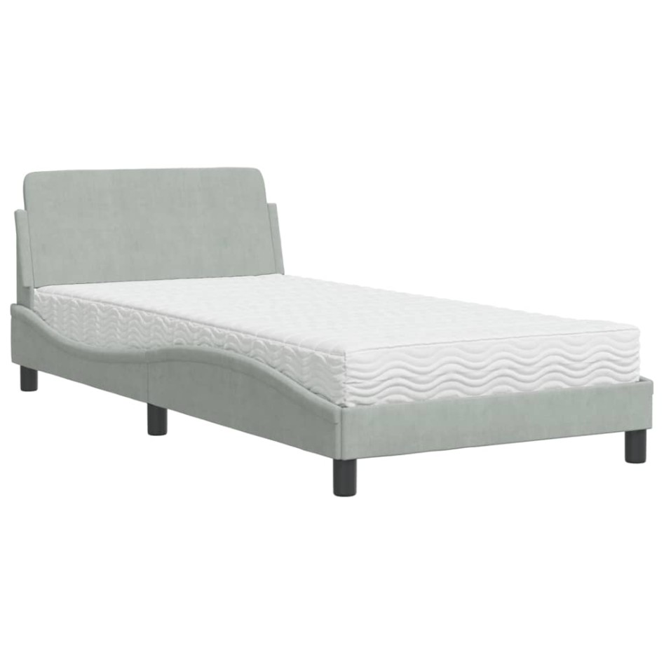 Cama con colchón terciopelo gris claro 100x200
