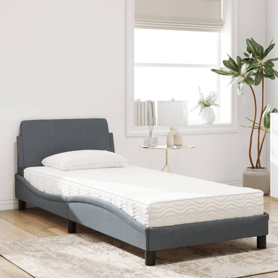 Cama con colchón terciopelo gris oscuro 90x200