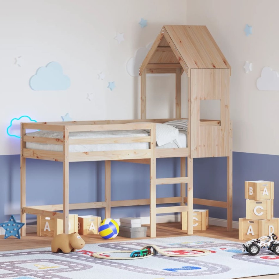 Cama alta con escalera y techo madera maciza de pino 90x190