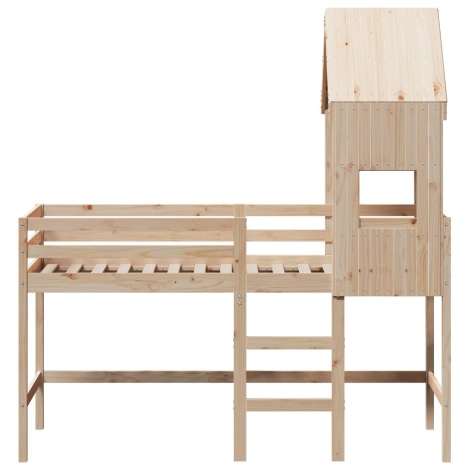 Cama alta con escalera y techo madera maciza de pino 90x190