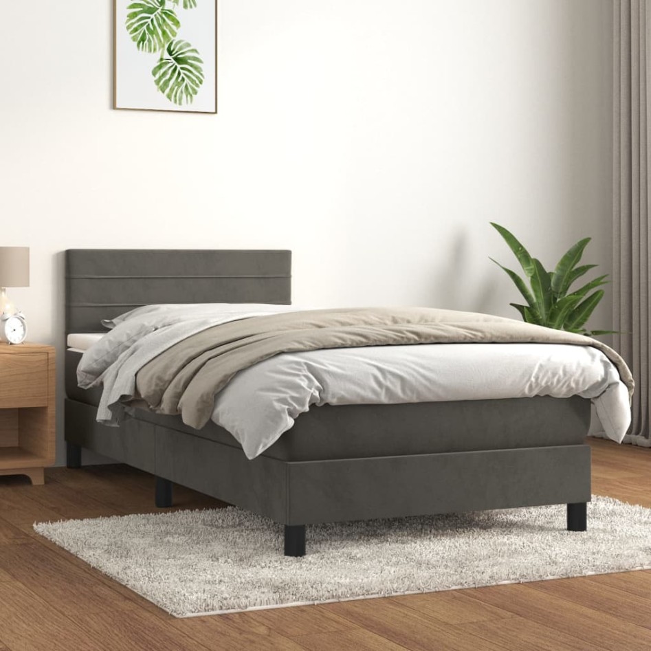 Cama box spring con colchón terciopelo gris oscuro 90x200