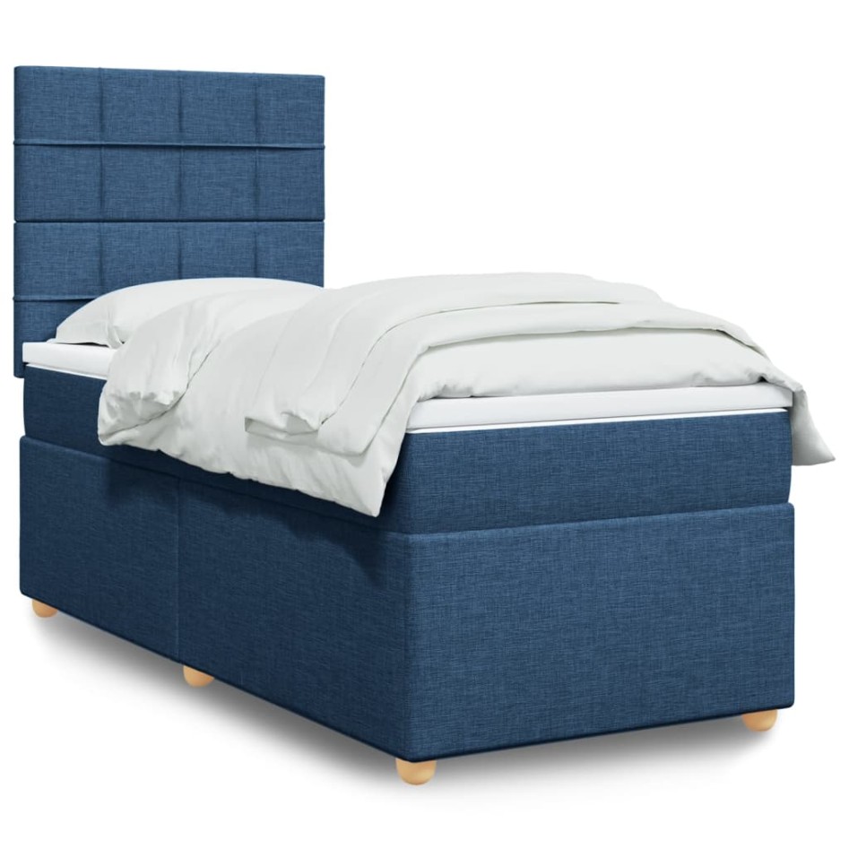 Cama box spring con colchón tela azul 90x190