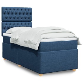 Cama box spring con colchón tela azul 80x200