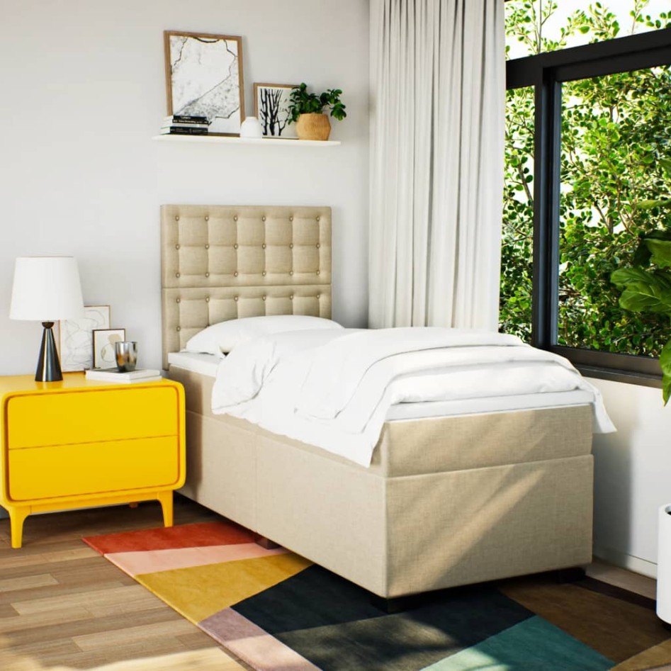Cama box spring con colchón tela color crema 90x200