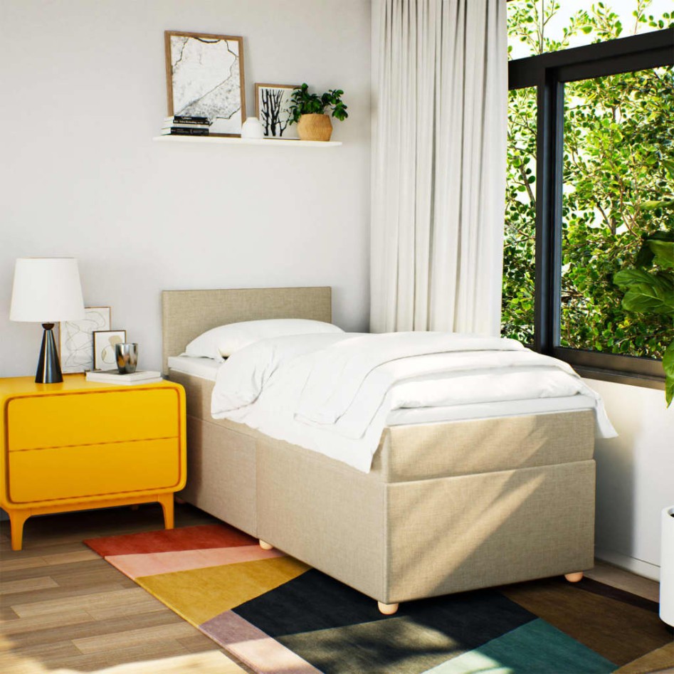 Cama box spring con colchón tela color crema 80x200