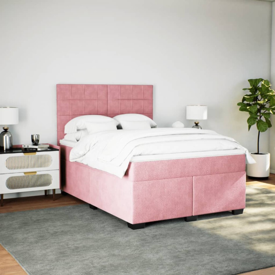 Cama box spring con colchón terciopelo rosa 140x190