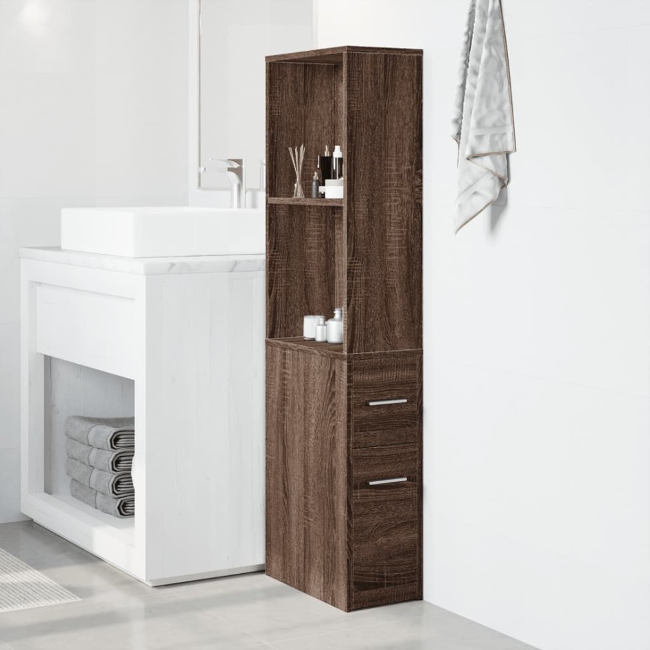 Armario de baño estrecho con ruedas madera marrón