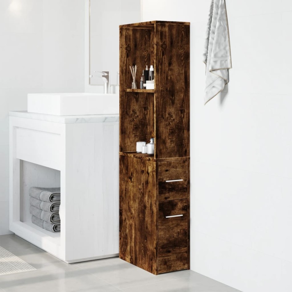 Armario de baño estrecho con ruedas madera roble