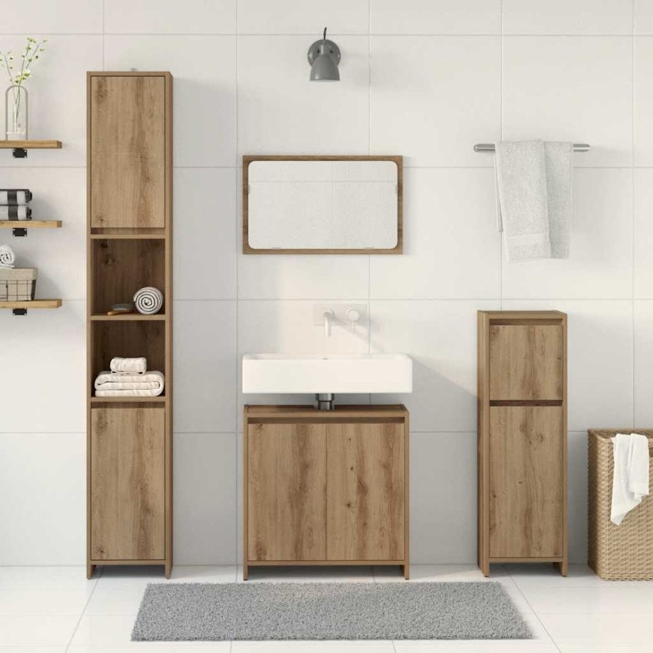 Juego de muebles baño 4 piezas madera ingeniería roble