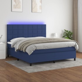 Cama box spring colchón y luces LED tela azul 160x200