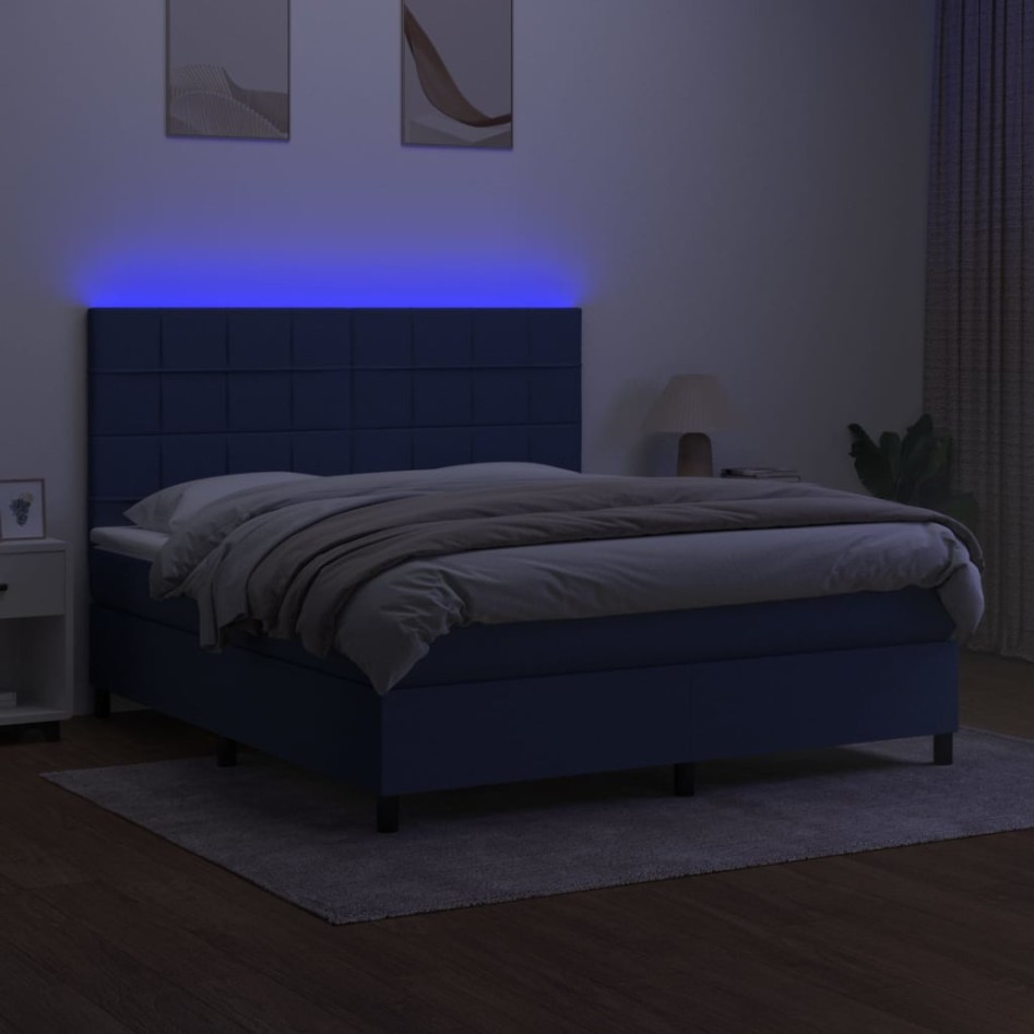 Cama box spring colchón y luces LED tela azul 160x200