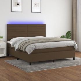 Cama box spring colchón luces LED tela marrón oscuro