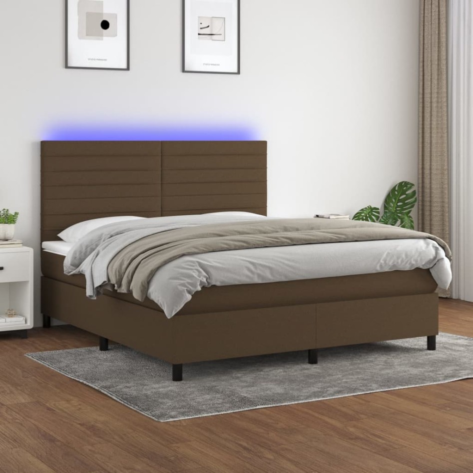 Cama box spring colchón luces LED tela marrón oscuro