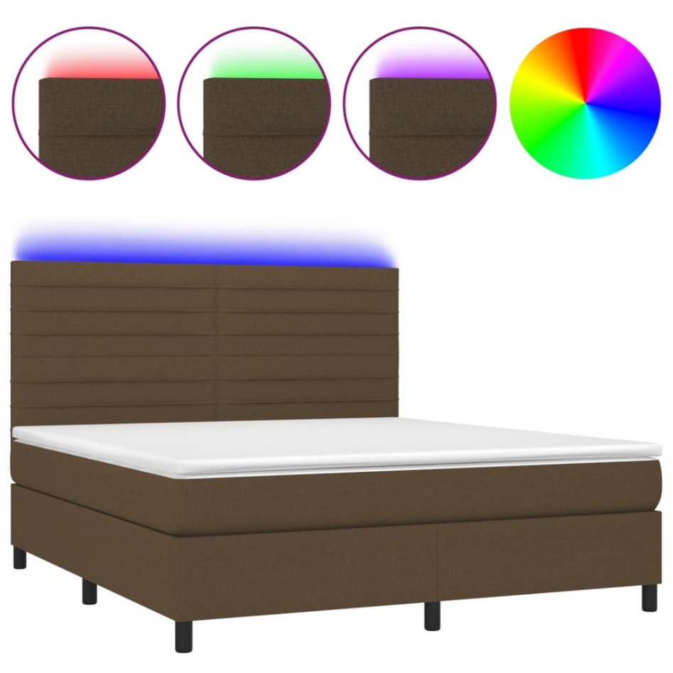 Cama box spring colchón luces LED tela marrón oscuro