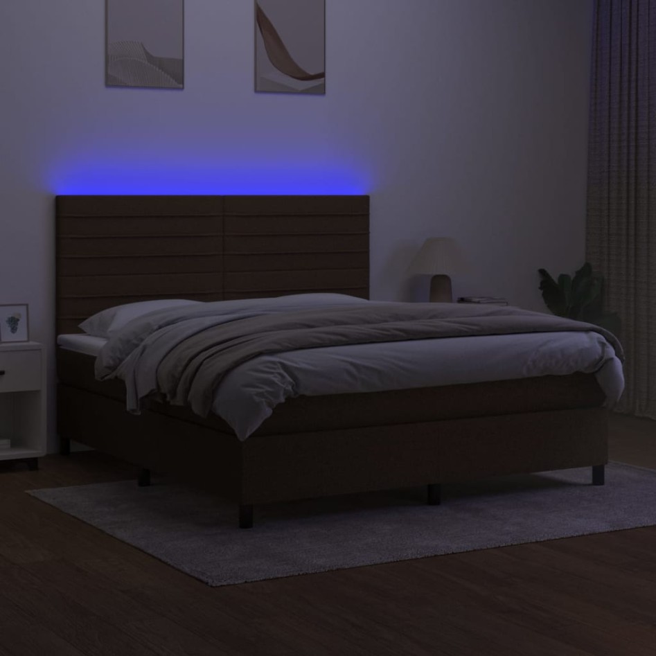 Cama box spring colchón luces LED tela marrón oscuro