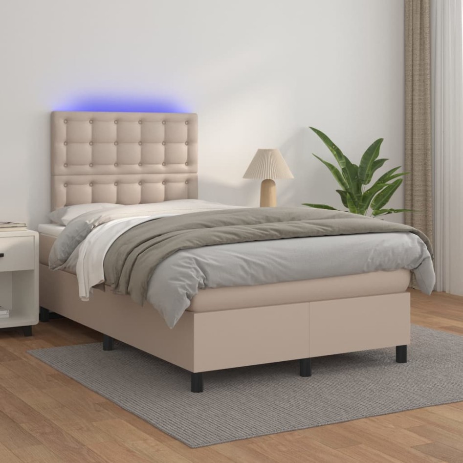 Cama box spring colchón LED cuero sintético capuchino