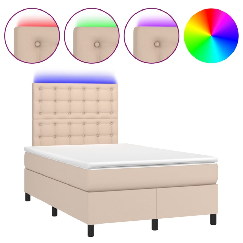 Cama box spring colchón LED cuero sintético capuchino