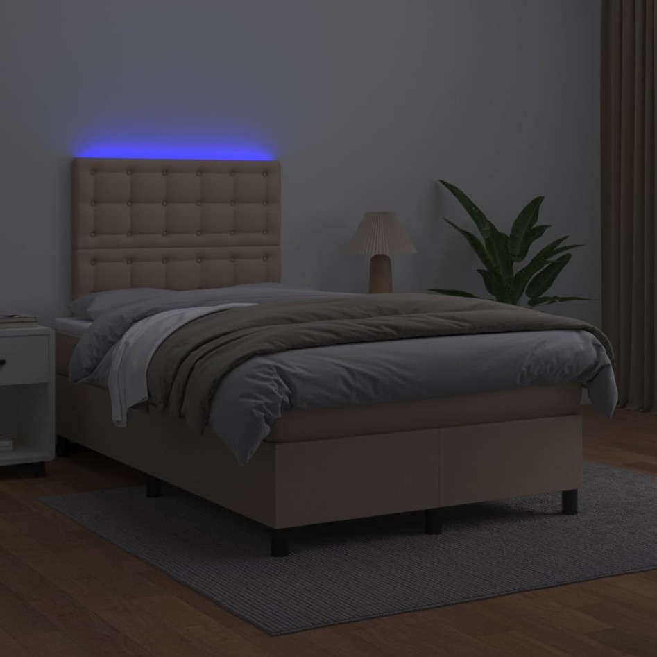 Cama box spring colchón LED cuero sintético capuchino