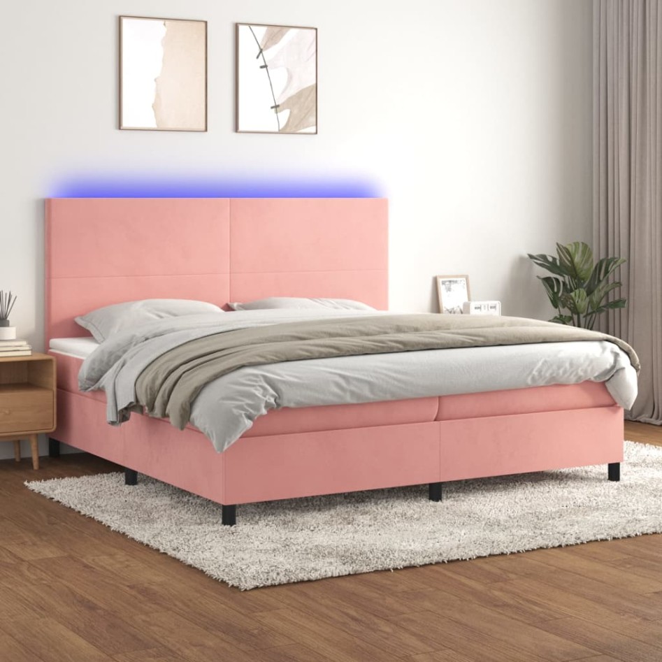 Cama box spring colchón y LED terciopelo rosa 200x200