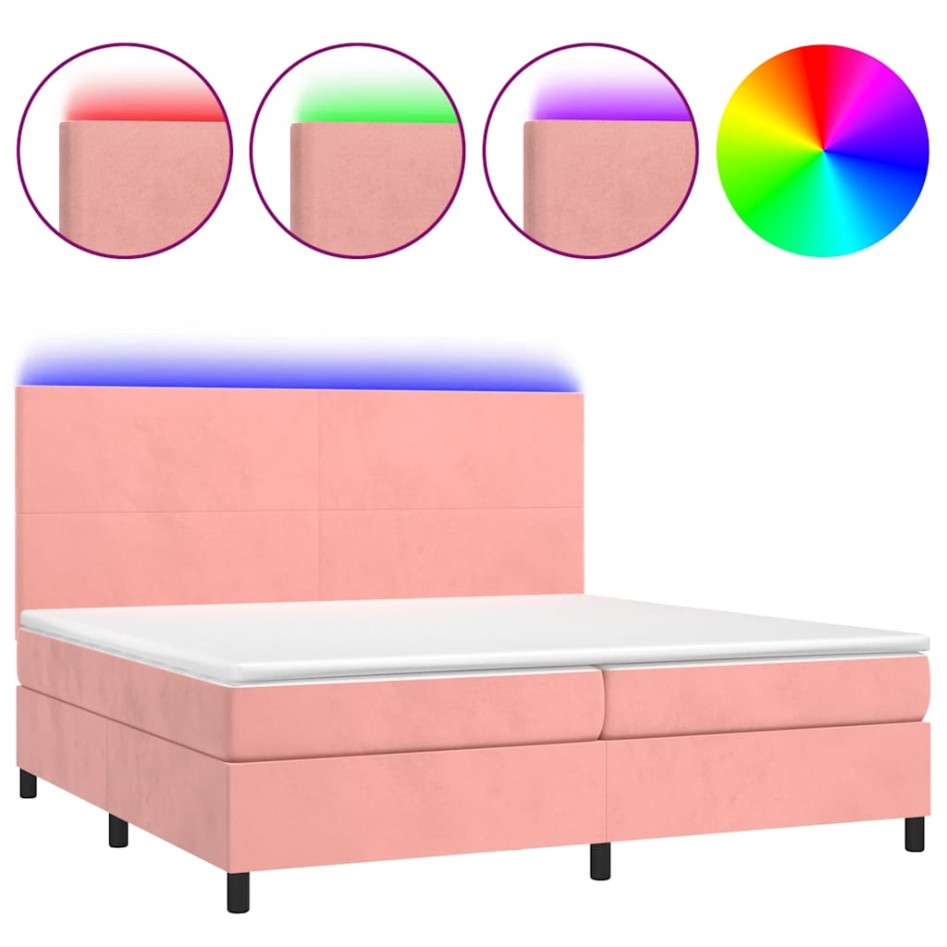 Cama box spring colchón y LED terciopelo rosa 200x200