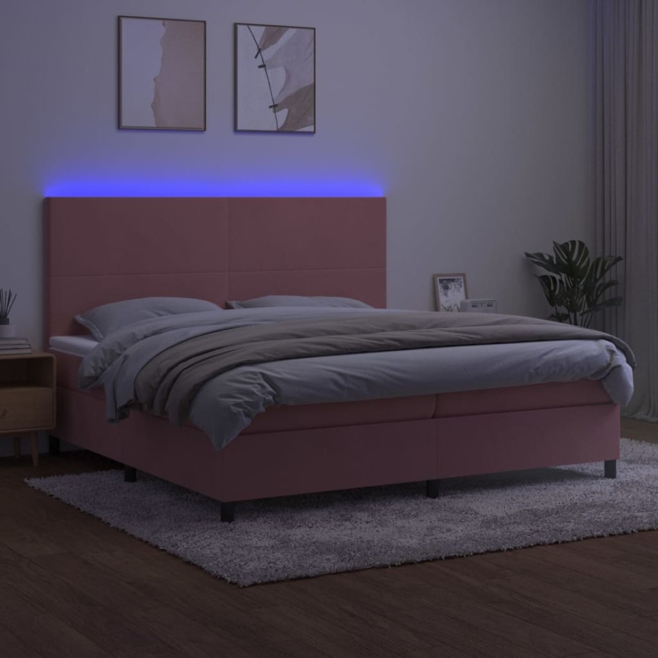 Cama box spring colchón y LED terciopelo rosa 200x200