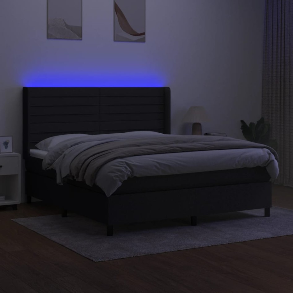 Cama box spring colchón y luces LED tela negro 160x200