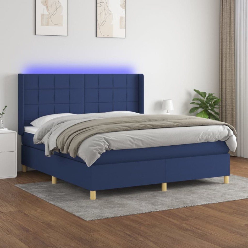 Cama box spring colchón y luces LED tela azul 160x200