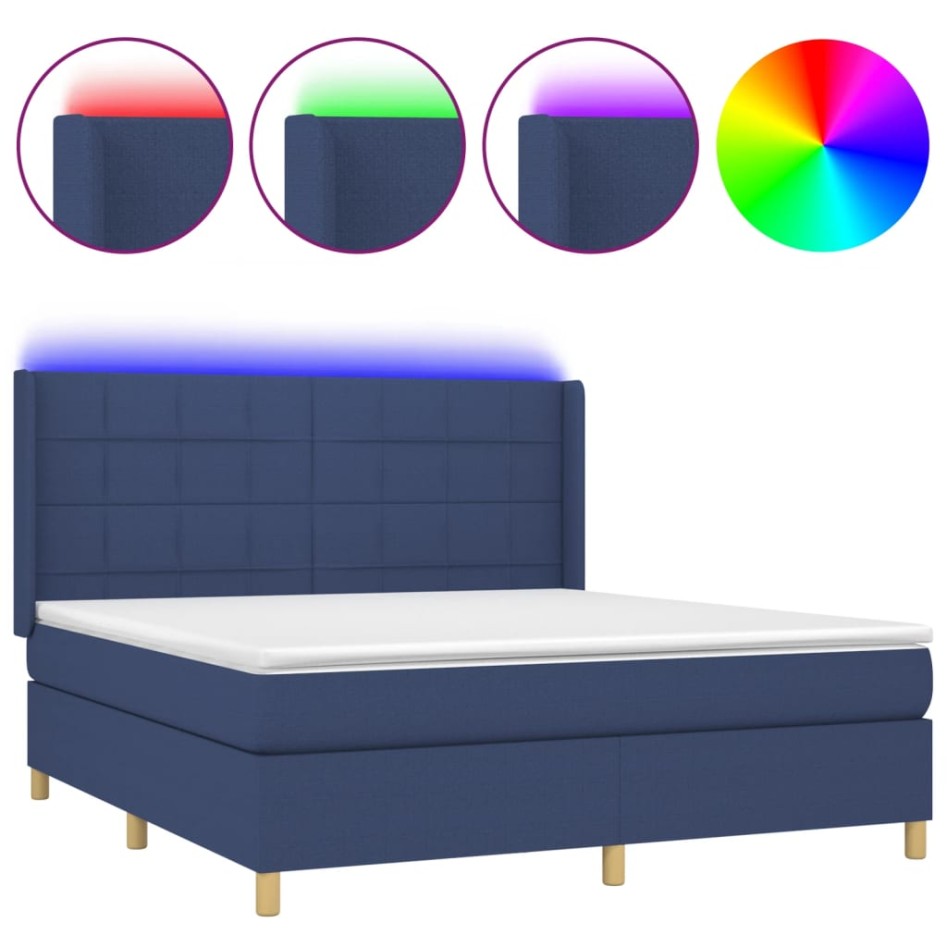 Cama box spring colchón y luces LED tela azul 160x200