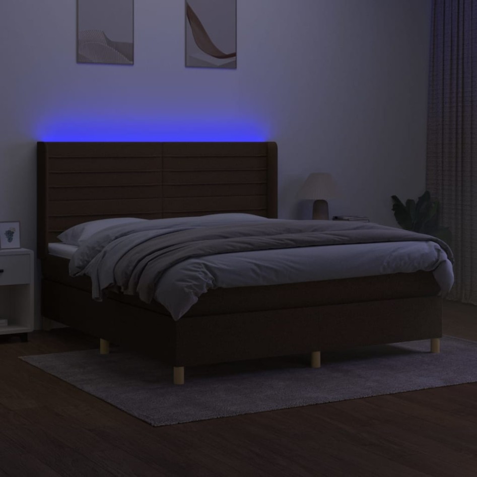 Cama box spring colchón luces LED tela marrón oscuro