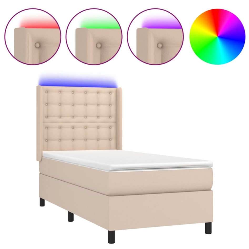 Cama box spring colchón LED cuero sintético capuchino