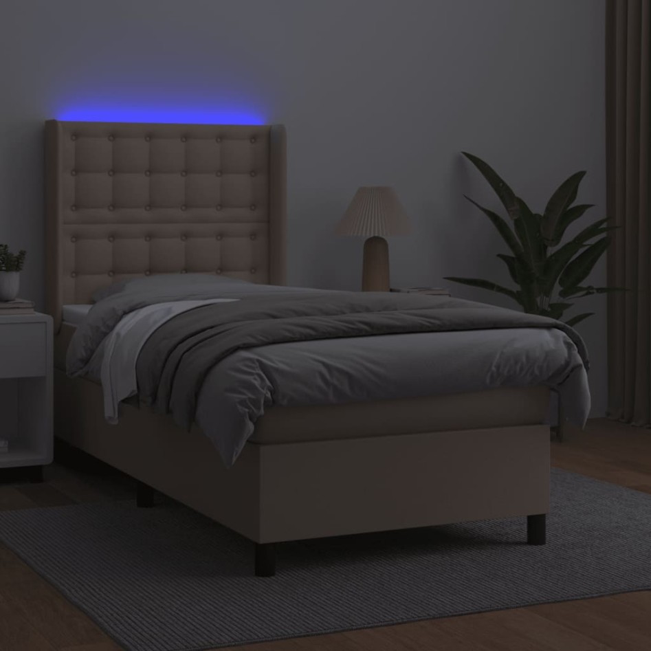 Cama box spring colchón LED cuero sintético capuchino