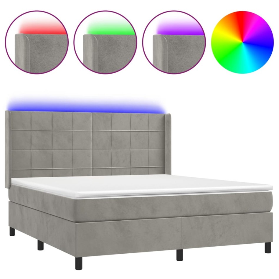 Cama box spring colchón y LED terciopelo gris claro 160x200