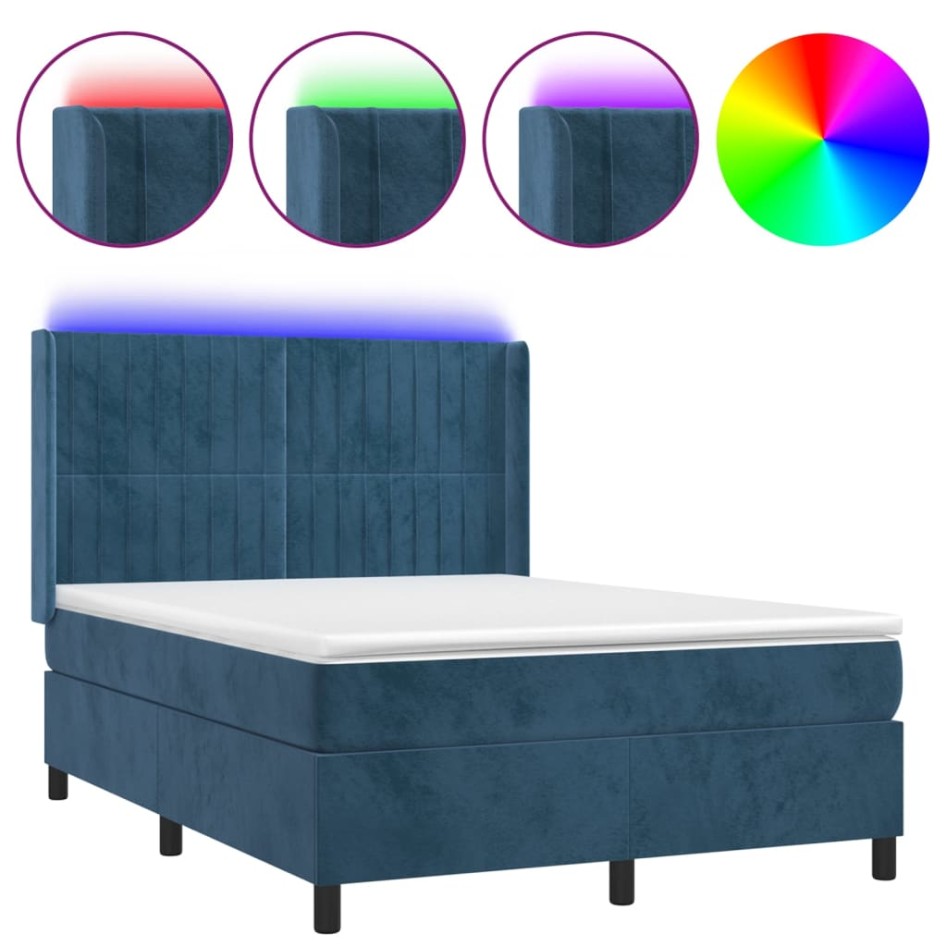 Cama box spring colchón y LED terciopelo azul oscuro 140x200