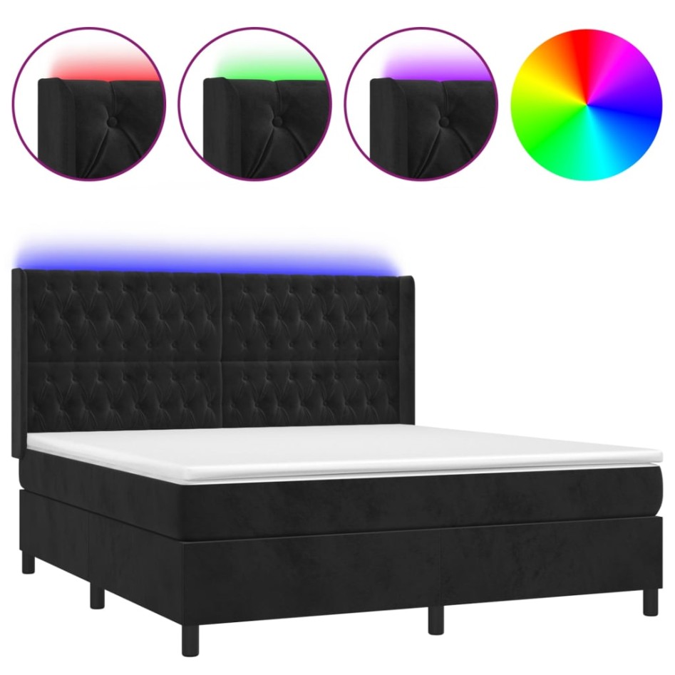 Cama box spring colchón y LED terciopelo negro 160x200