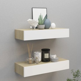 Estantes de pared con cajón 2 uds MDF roble/blanco