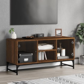 Mueble de TV con puertas de vidrio marrón roble 102x37x50