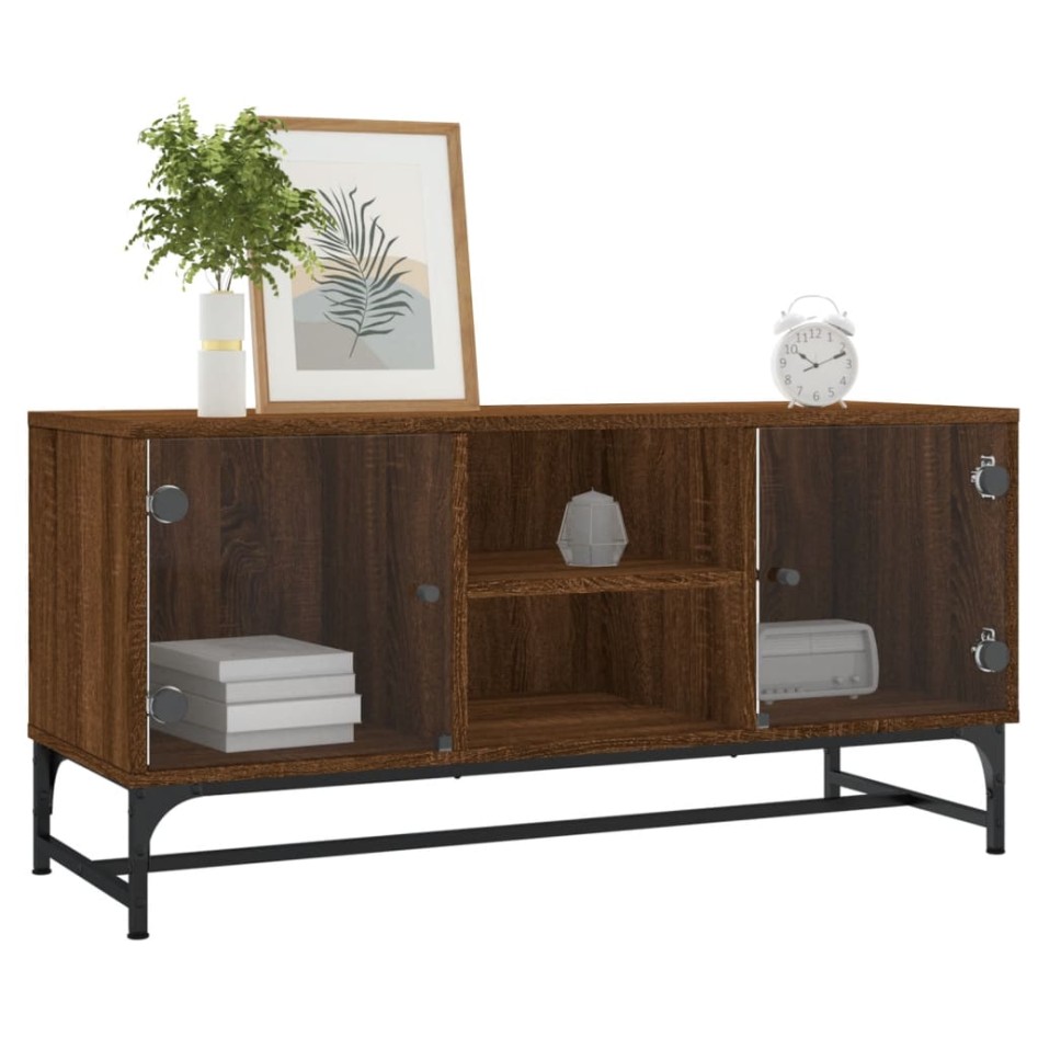 Mueble de TV con puertas de vidrio marrón roble 102x37x50