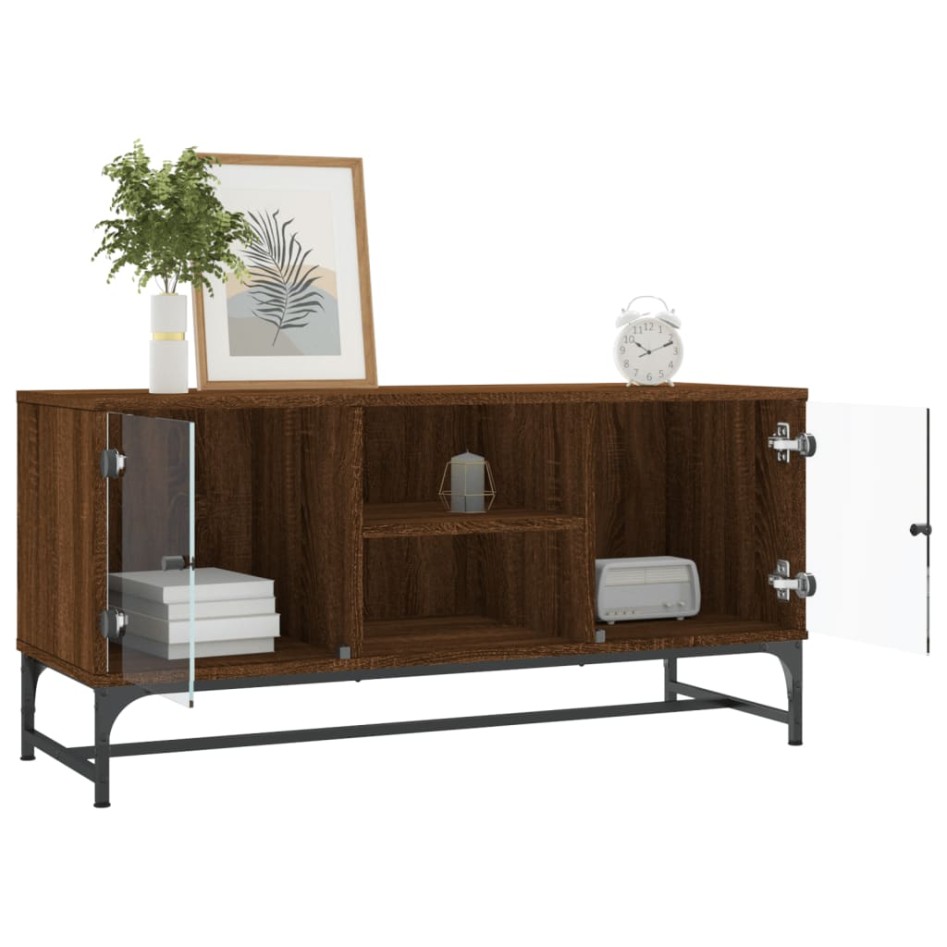 Mueble de TV con puertas de vidrio marrón roble 102x37x50