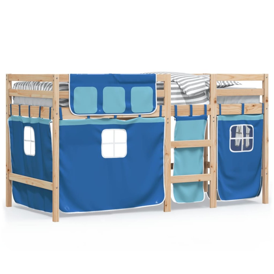 Cama alta para niños con cortinas madera pino azul 90x190