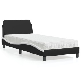 Cama con colchón cuero sintético negro y blanco 90x200