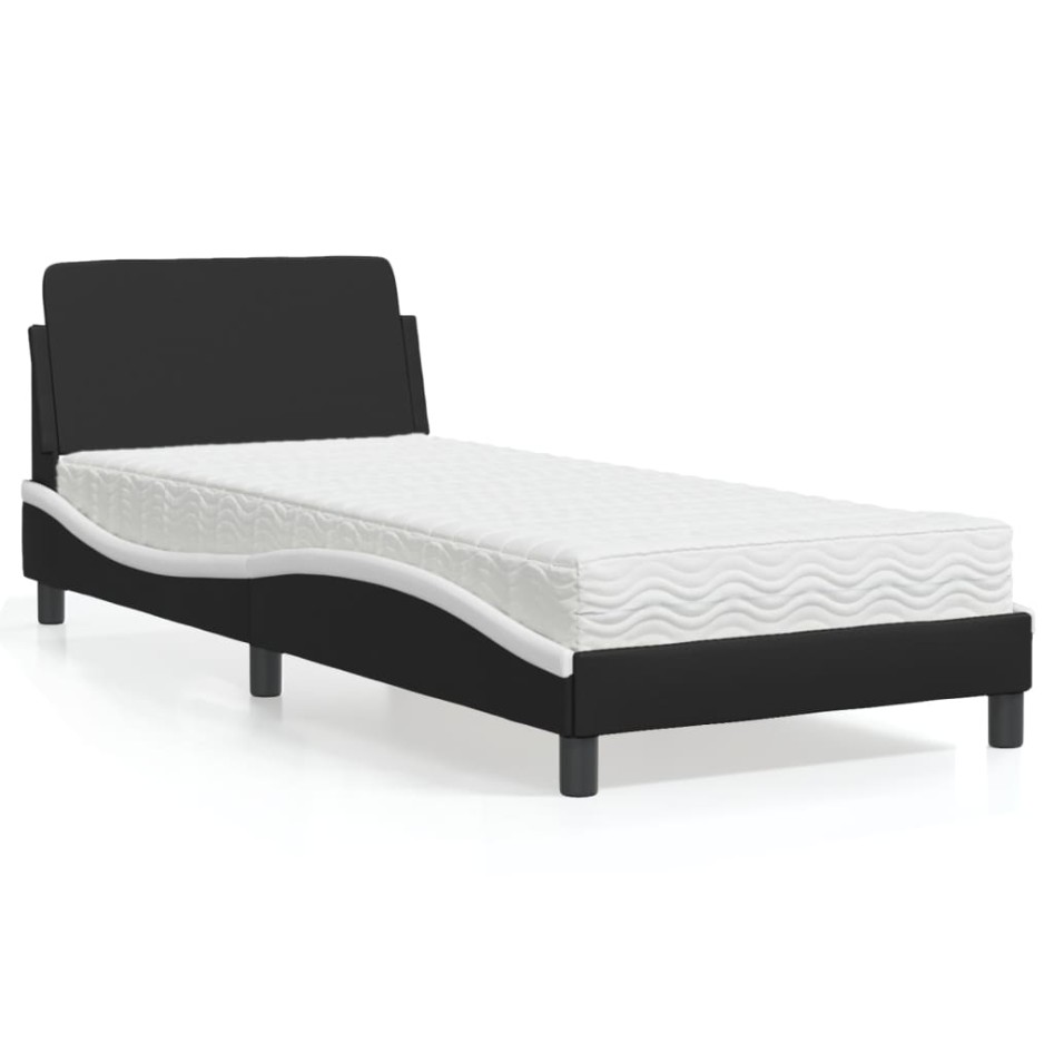 Cama con colchón cuero sintético negro y blanco 90x200