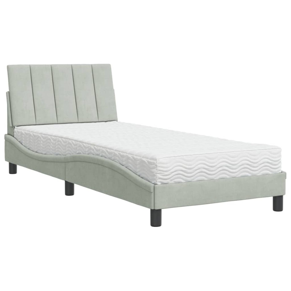Cama con colchón terciopelo gris claro 90x200