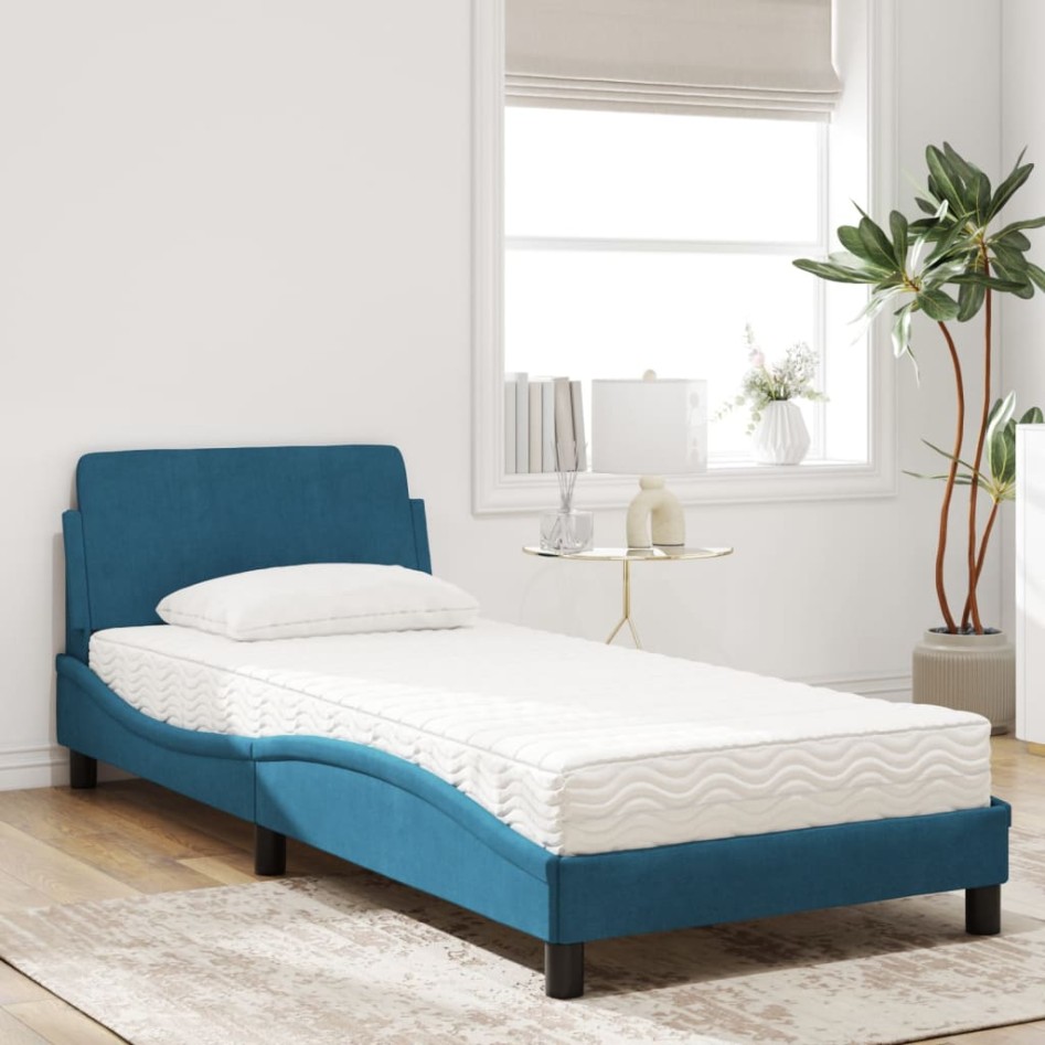 Cama con colchón terciopelo azul 90x200
