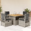 Set comedor de jardín 5 piezas con cojines ratán sintético gris