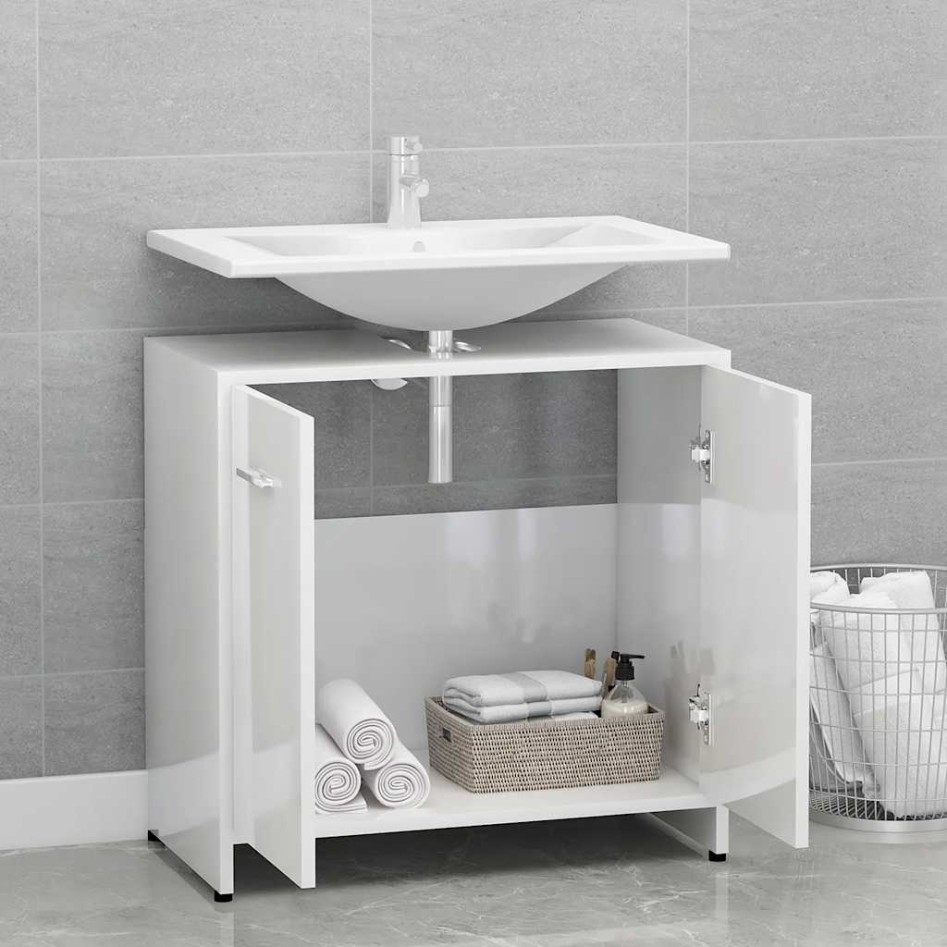 Armario de baño madera contrachapada blanco brillo 60x33x61