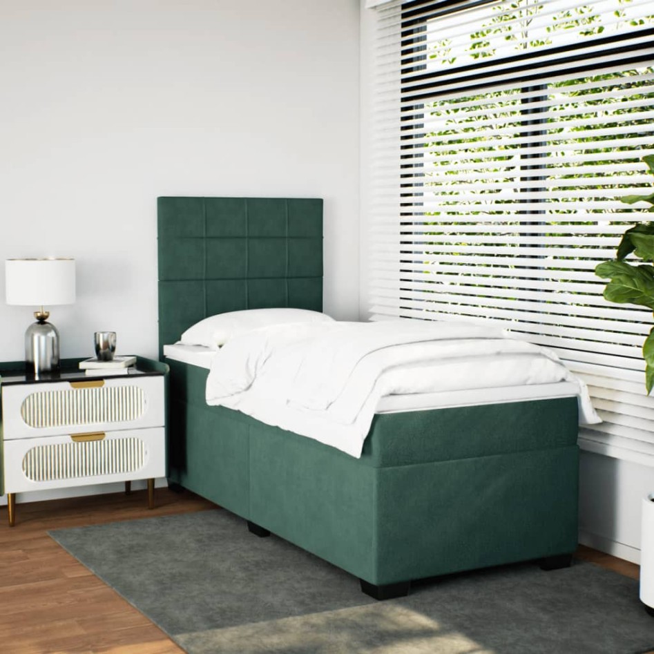 Cama box spring con colchón terciopelo verde oscuro 90x200
